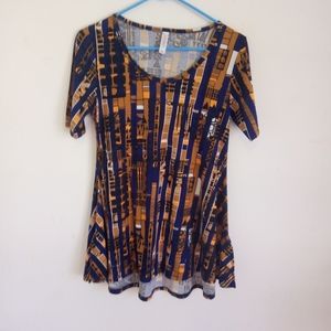 LuLaRoe Blue & Gold Abstract Stripe Top XXS Short Sleeve Tunic Blouse